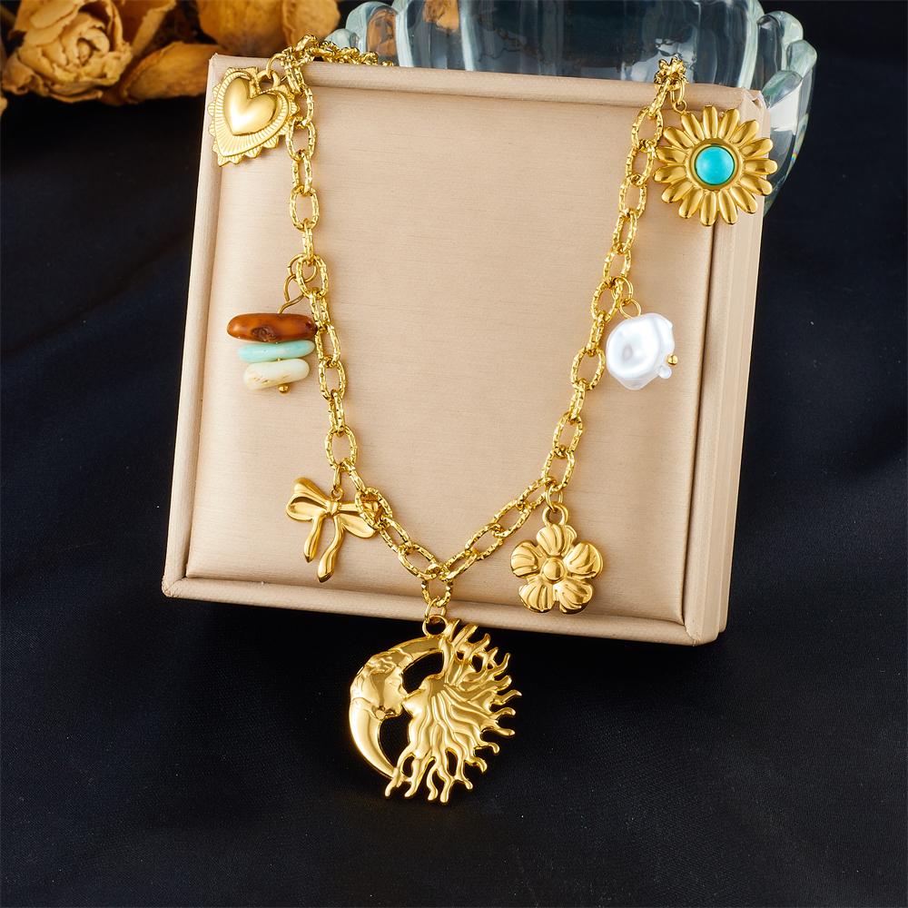 DIEYURO 316L Stainless Steel Golden Personality Sun Serie Multi Pendant Necklace Women New Fashion Neck Chain Vacation Jewelry