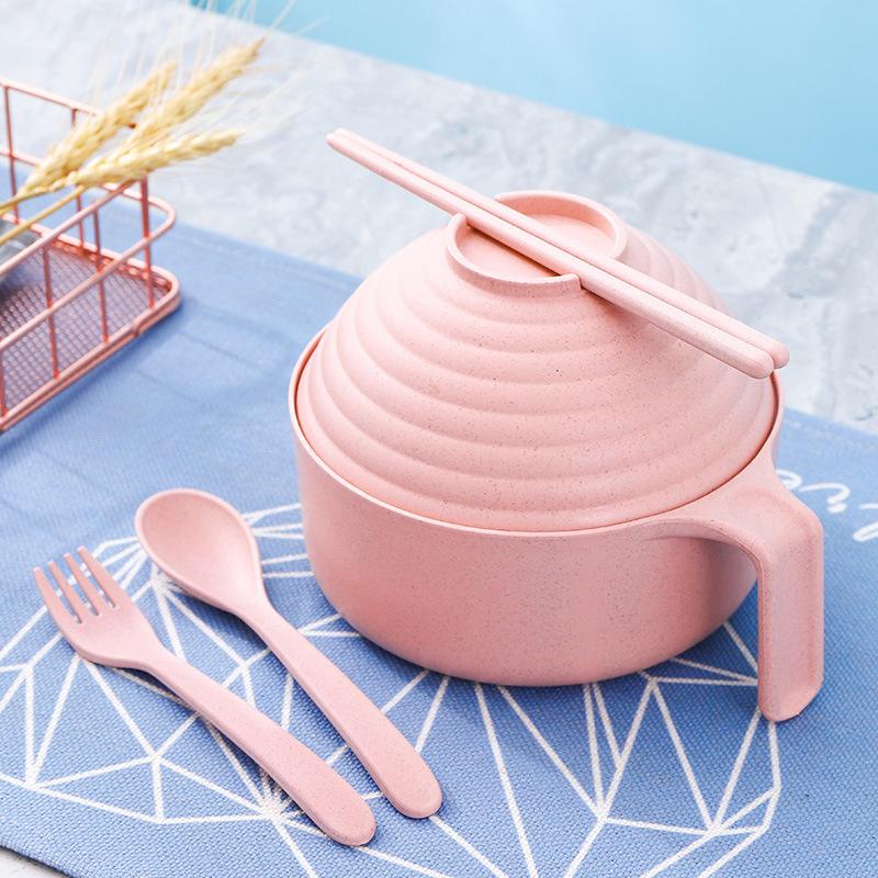 5Pcs Wheat Straw Multifunctional With Lid Bowl Spoon Fork Chopsticks Eating Dinnerware Set Anti- Bowl Microwavable Bowl