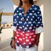Women's Fashion Casual Button V-Neck Cotton And Linen Independence Day Printed Seven Sleeve T-Shirt Top