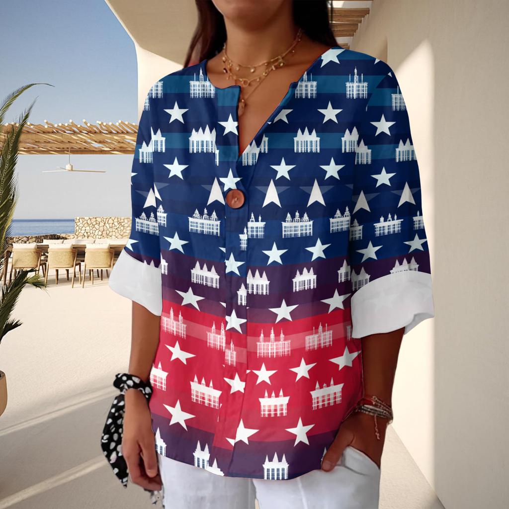 Women's Fashion Casual Button V-Neck Cotton And Linen Independence Day Printed Seven Sleeve T-Shirt Top