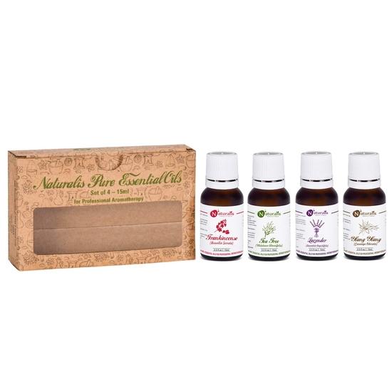 Naturalis 15ml Essential Oil Gift Pack of 4 for Skin Care (Frankincense, Tea Tree, Lavender, Ylang Ylang)