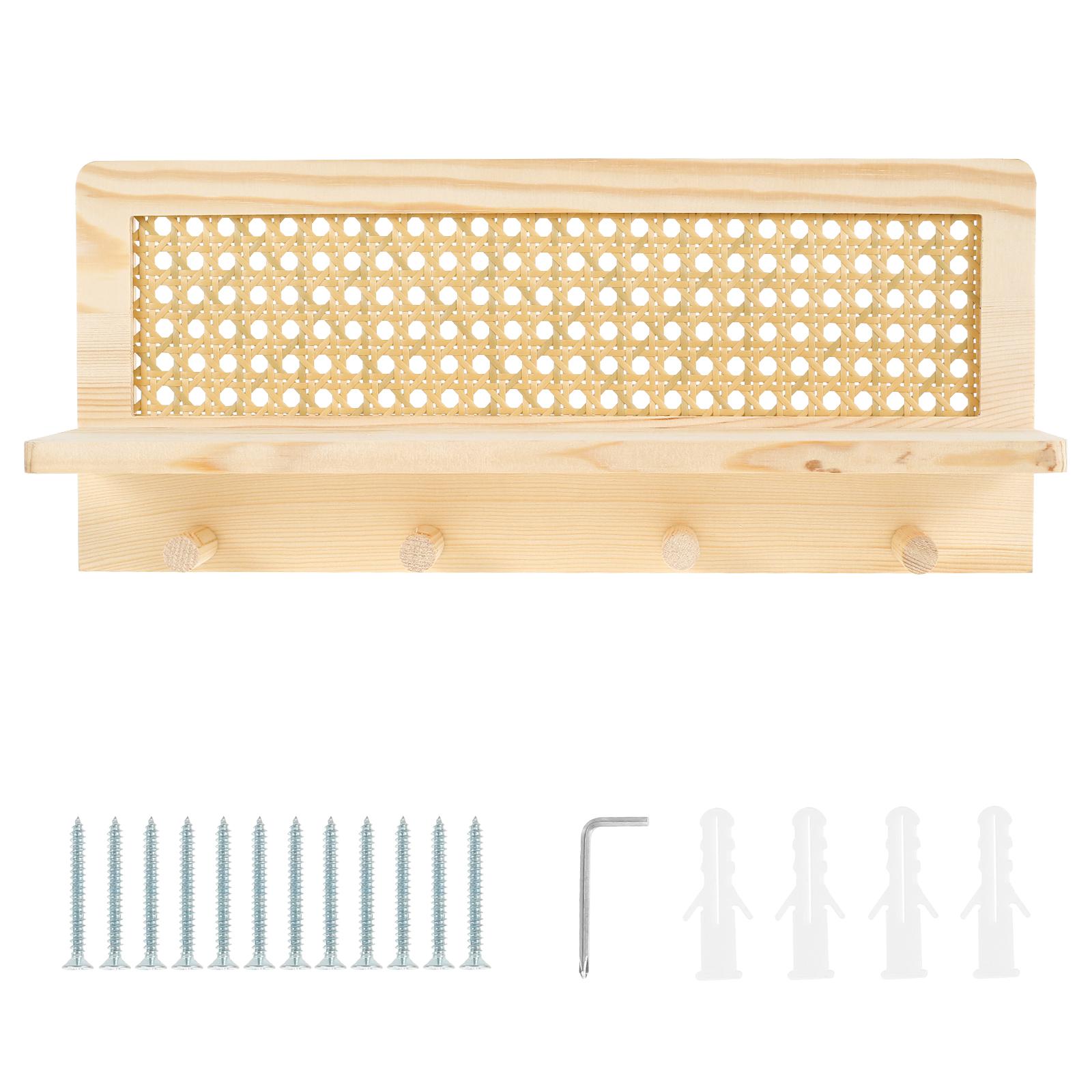

Wall Mount Entryway Storage Rack Rattan Decorative Rack Shelf with 4 Hooks Space Saving for Entryway Nursery Hallway Office Home