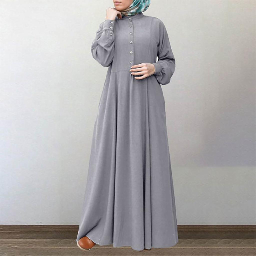 Women's Long Sleeve Button Down Casual Outfits Solid Color Round Neck Maxi Dresses