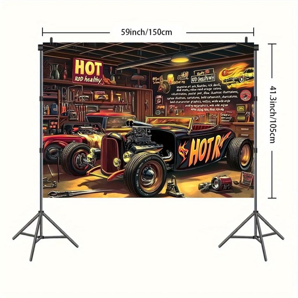 A Vintage Modified Car Garage Background Banner - Designed by a Vintage Car Studio Made of Durable Polyester Fabric