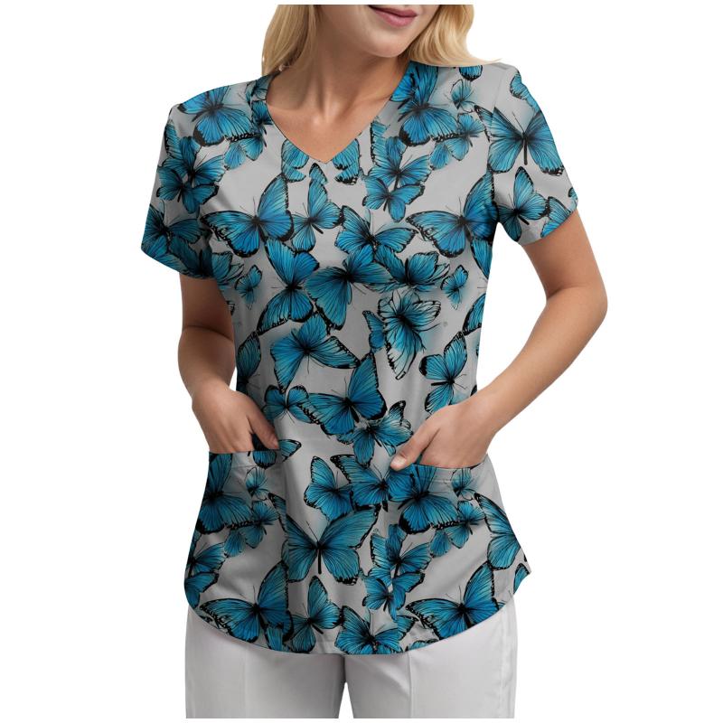 Women's V-Neck Short Sleeve Blouse Purple Pink butterfly Print Loose Casual Summer Tunic Top V Neck Short Sleeved Printed Tops