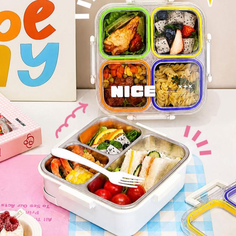 304 Stainless Steel Bento Box 3/4 Grid Leak-Proof Sealed Microwave Safe for Back to School Student Gift Use