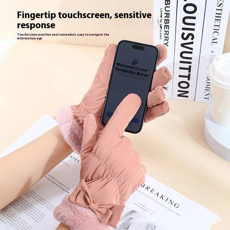 Ski Gloves Women Winter Fleece Thickened Warm Plush Cotton Waterproof Touch-Screen Gloves For Outdoor Riding Mountaineering