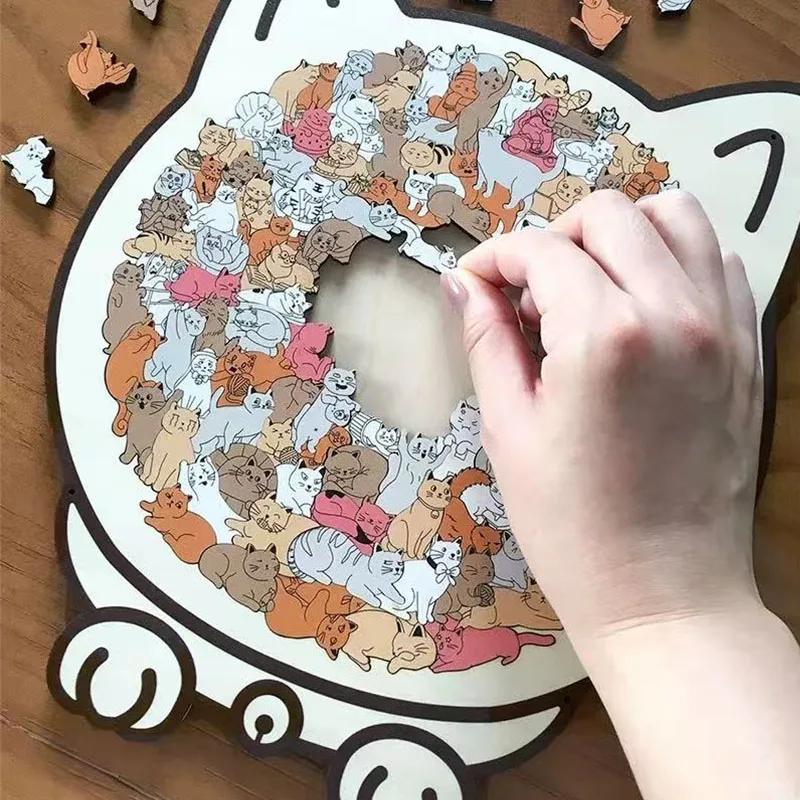 135pcs Cat-shaped Wooden Jigsaw Puzzle Gifts for Cat Lovers Home Decorations Unique Irregular Puzzle Pieces Game Birthday Xmas