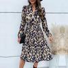 Women Spring Dress Long Sleeve Pleated High Waist V Neck Lace Up Print