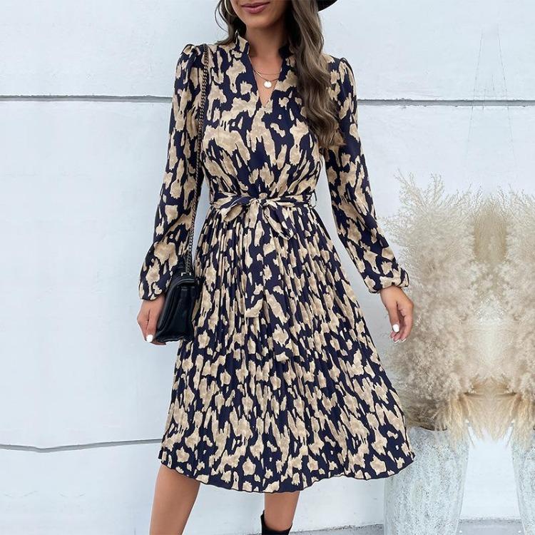 Women Spring Dress Long Sleeve Pleated High Waist V Neck Lace Up Print