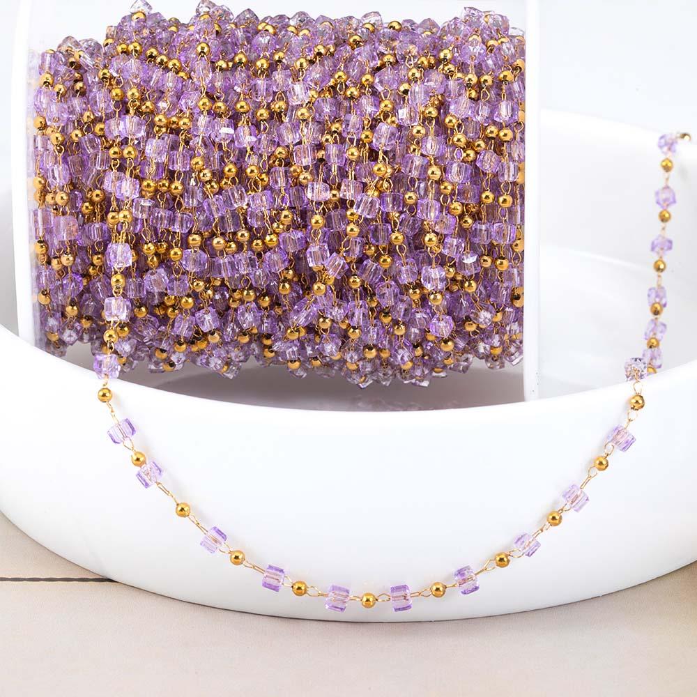 1Meter Stainless Steel Link Chain Purple Crystal Cube Square Beads Chain for DIY Boho Necklaces Bracelets Jewelry Making No Fade