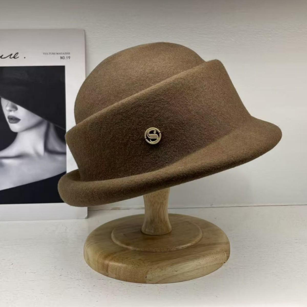 

Celebrity style shape foreign style upturned edge wool top hat women s autumn face small bucket hat versatile temperament basin hat M（55-58cm）