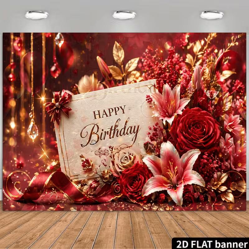 

2D Red Gold Birthday Backdrop, Happy Birthday Script & Floral Arrangement Photography Background 47.2x31.5inch/120*80cm