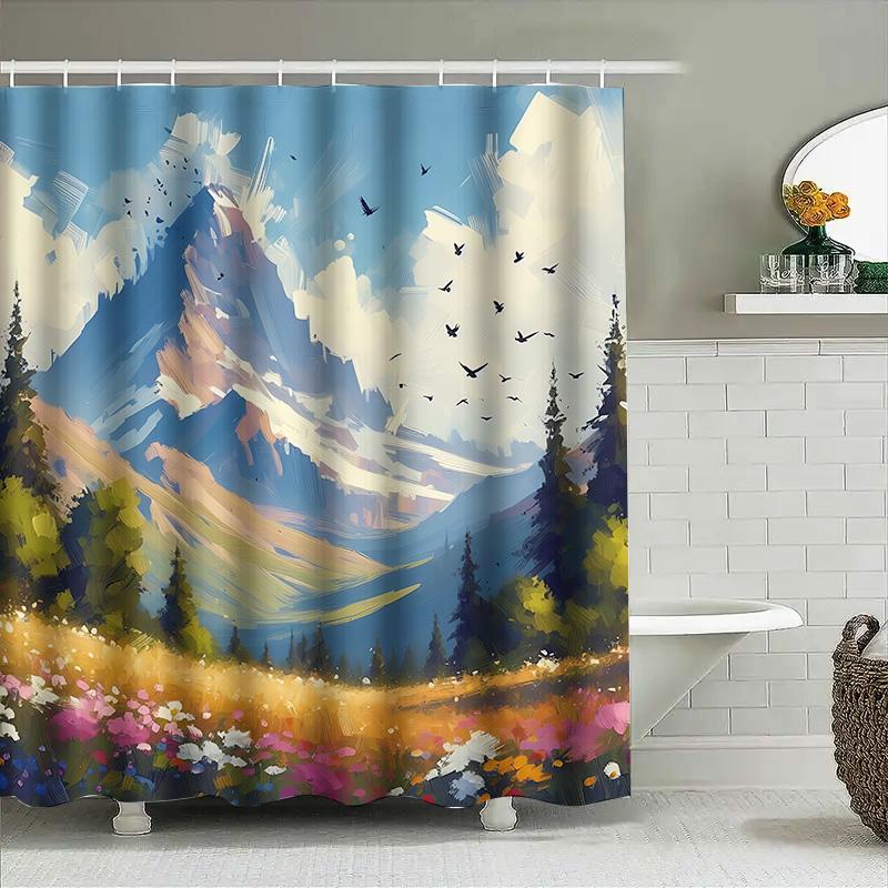 Impressionist Mountain Landscape Shower Curtain With Flower Field Flying Birds Artistic Bathroom Decor For Nature Lovers
