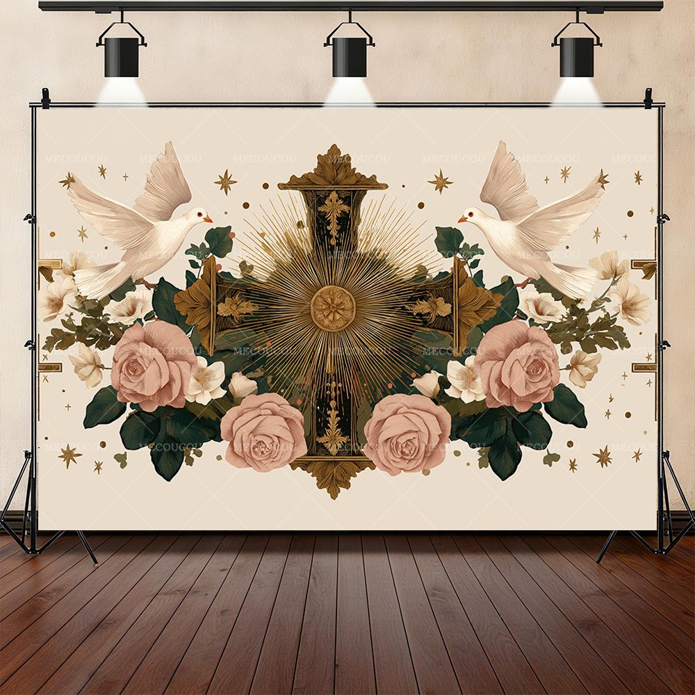 Cross Holy Grail White Dove My First Holy Communion Background Customizable Baptism Party Party DecorationArrangement Background