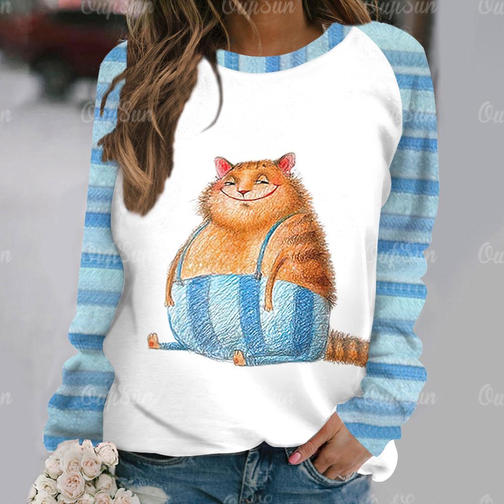 Wiosenne i jesienne bluzki damskie z okrągłym dekoltem, z uroczym wzorem kota drukowanym w 3D, modne i codzienne, z długim rękawem