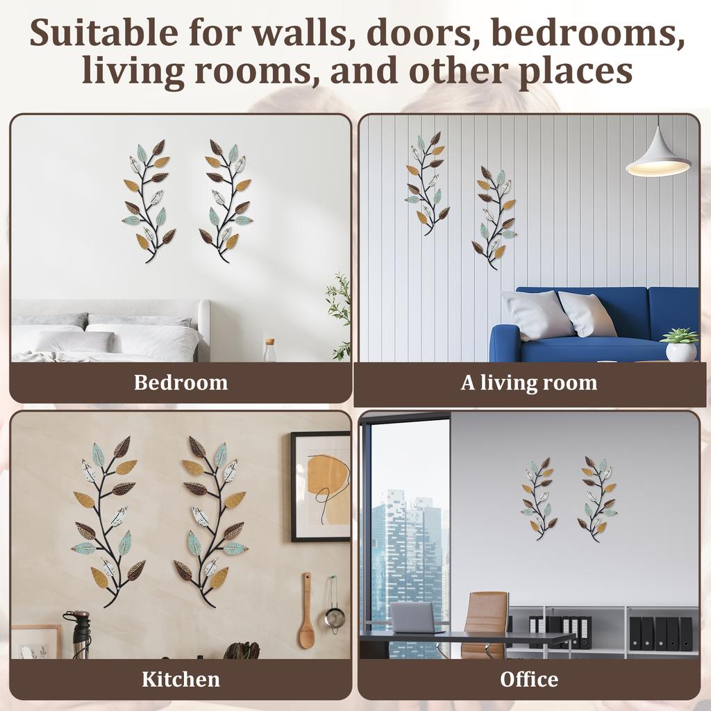 2Pcs Metal Tree Leaf Wall Decor Vine Olive Branch Style Wall Hanging Sign Decorative Home Decoration for Living Room Bedroom