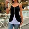 Women Tops V Neck Sleeveless Soft Stretchy Sling T-Shirt Buttons Decor Fake Two-Piece Design Mid-length Tee Shirt Daily Wear