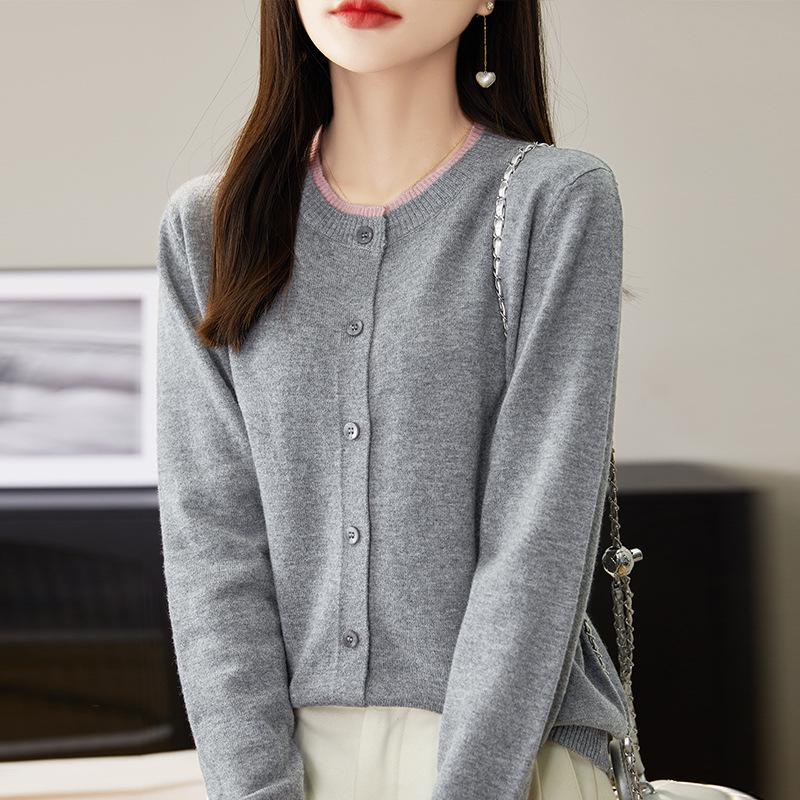 Women's 2024 Spring/Autumn Wool Knit Cardigan - Round Neck Cashmere Sweater Top