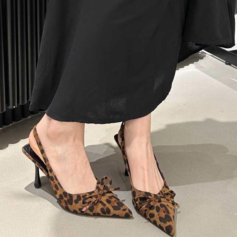 Leopard Print Summer Pointed Toe High Heel Women's Sandals Fashion Slip-On Mules for Ladies Party Dress Shoes