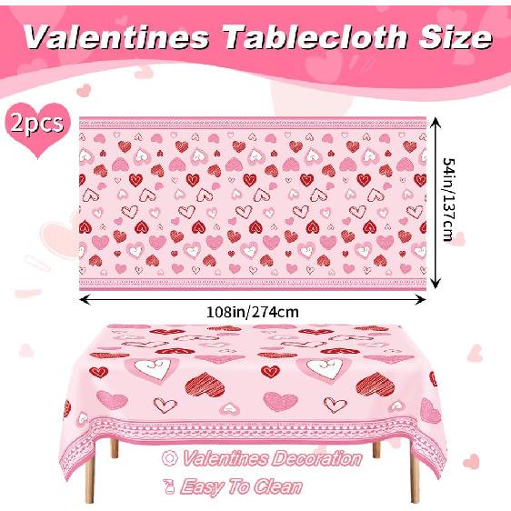 Valentines Tablecloth, 2Pcs Valentines Tablecloth Plastic 54x108 Inch Red Pink Love Heart Table Cloth Valentines Tables Cloth Disposable Rectangle