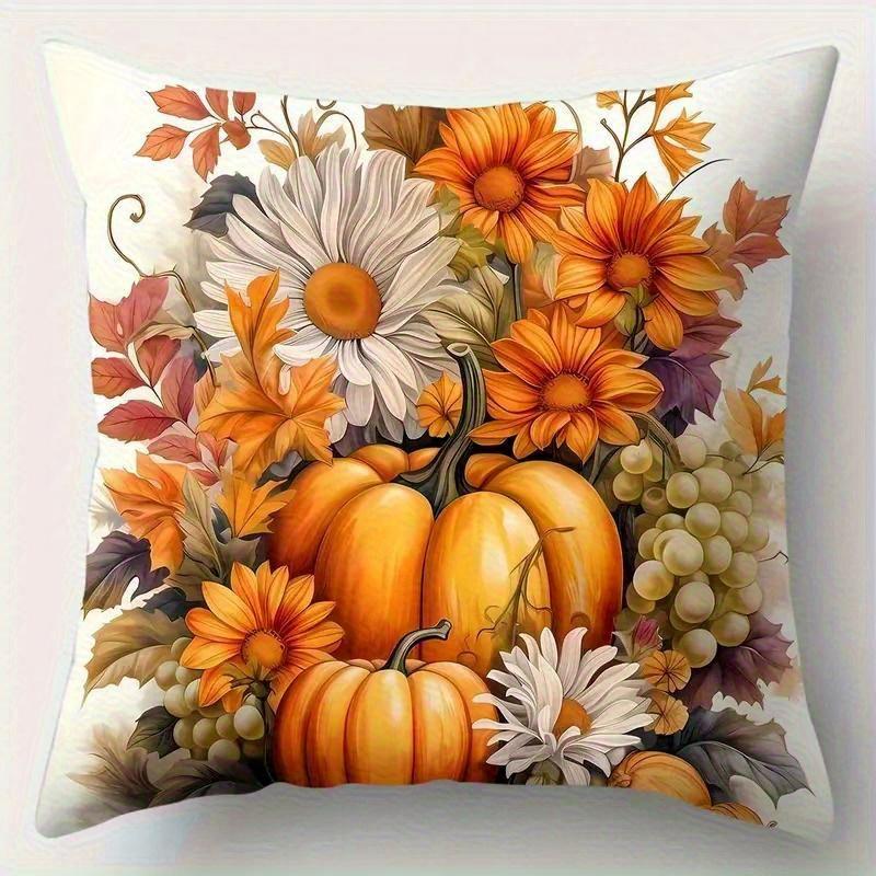 4pcs Autumn Thanksgiving Pillow Covers - Pumpkin Floral Print with Sunflowers, Daisies & Fall Leaves, Soft Square Cushion Covers with Zipper Closure,