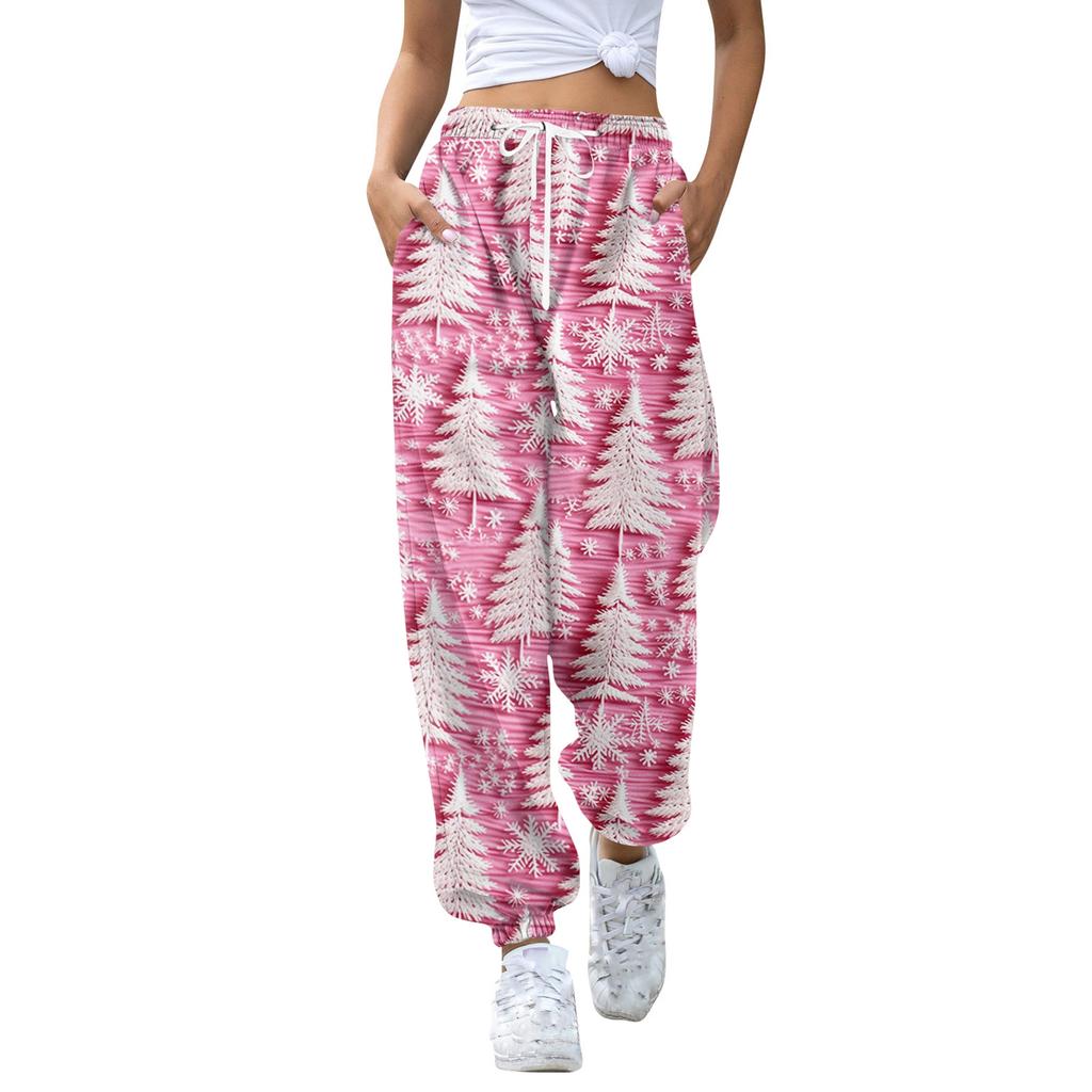 Pantaloni de trening casual de damă cu imprimeu de Crăciun, cu talie cu șnur și manșete la glezne