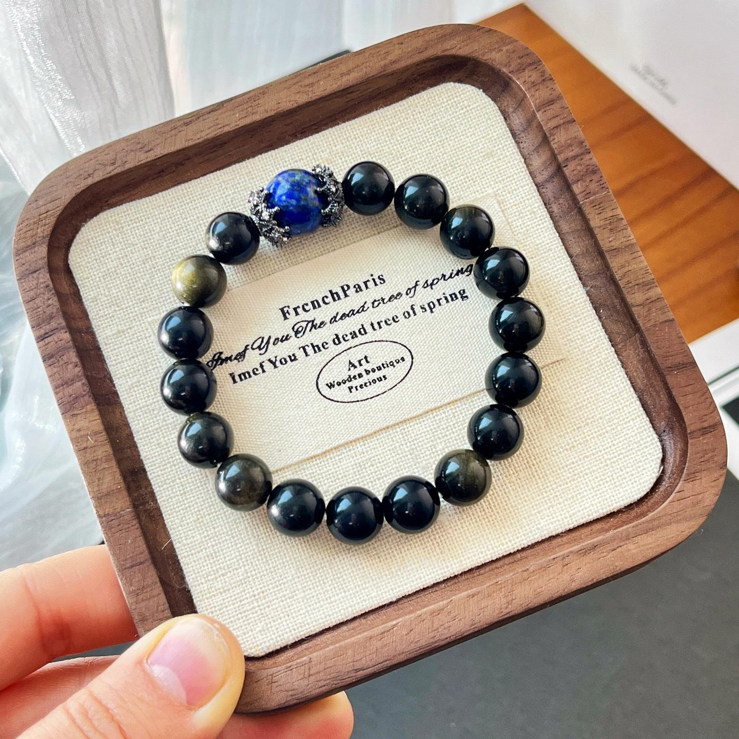 Design Sense 10Mm Natural Obsidian Lapis Lazuli Bracelet Bracelet