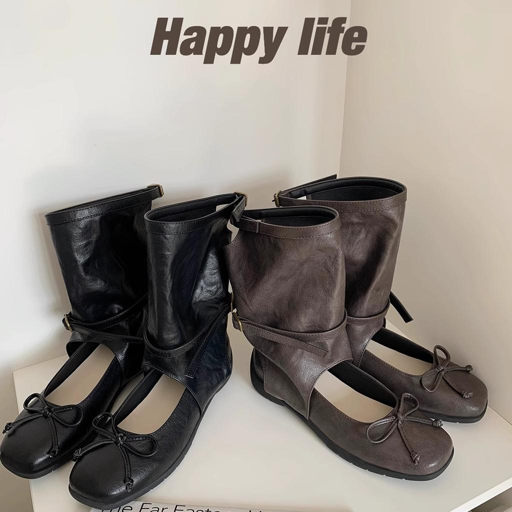 Spot Second Hair! Grape Mother Same Shoes Heightened Square Round Head Bow Shallow Mouth Mary Jane Medium Boots Cool Boots Women