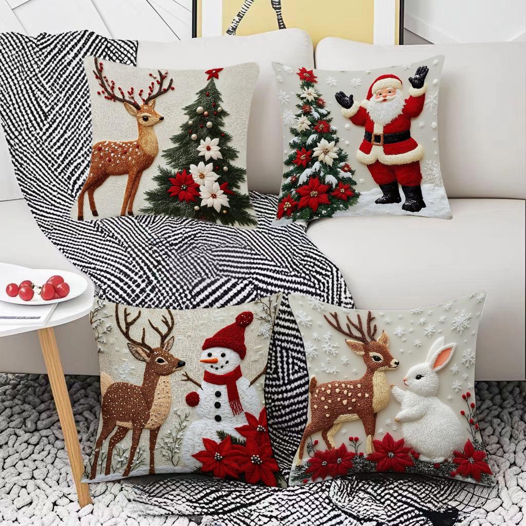Christmas Reindeer and Santa Claus Pillowcase - Holiday Decoration Cushion Cover