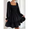 Women European Style Square Neck Ruffle Hem Long Sleeve Loose Casual Dress