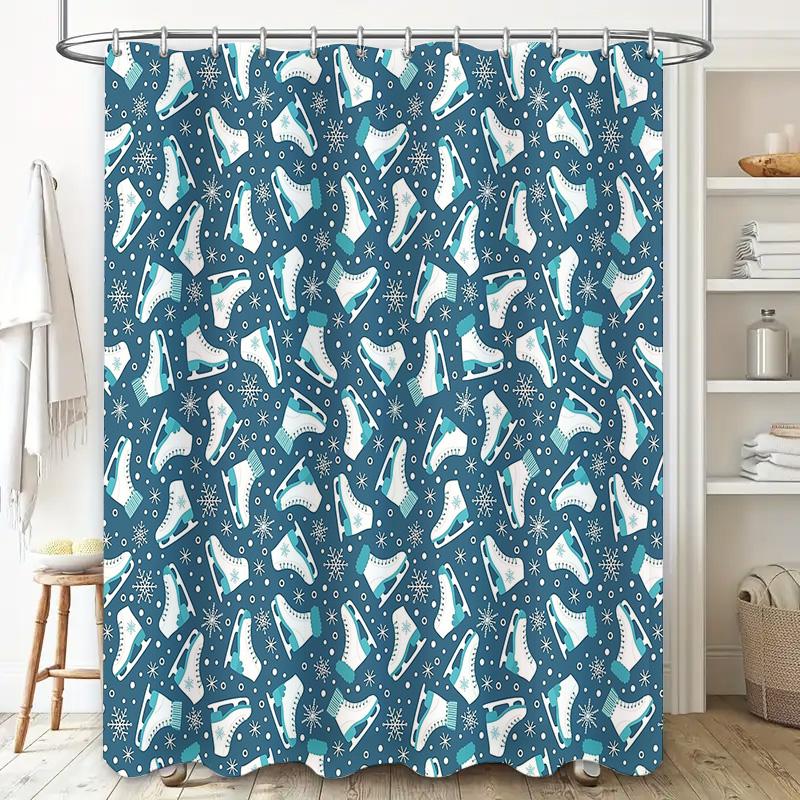 Winter Snowflake Skating Deer Shower Curtain Festive Blue Nature Holiday Bathroom Decor Waterproof Fabric