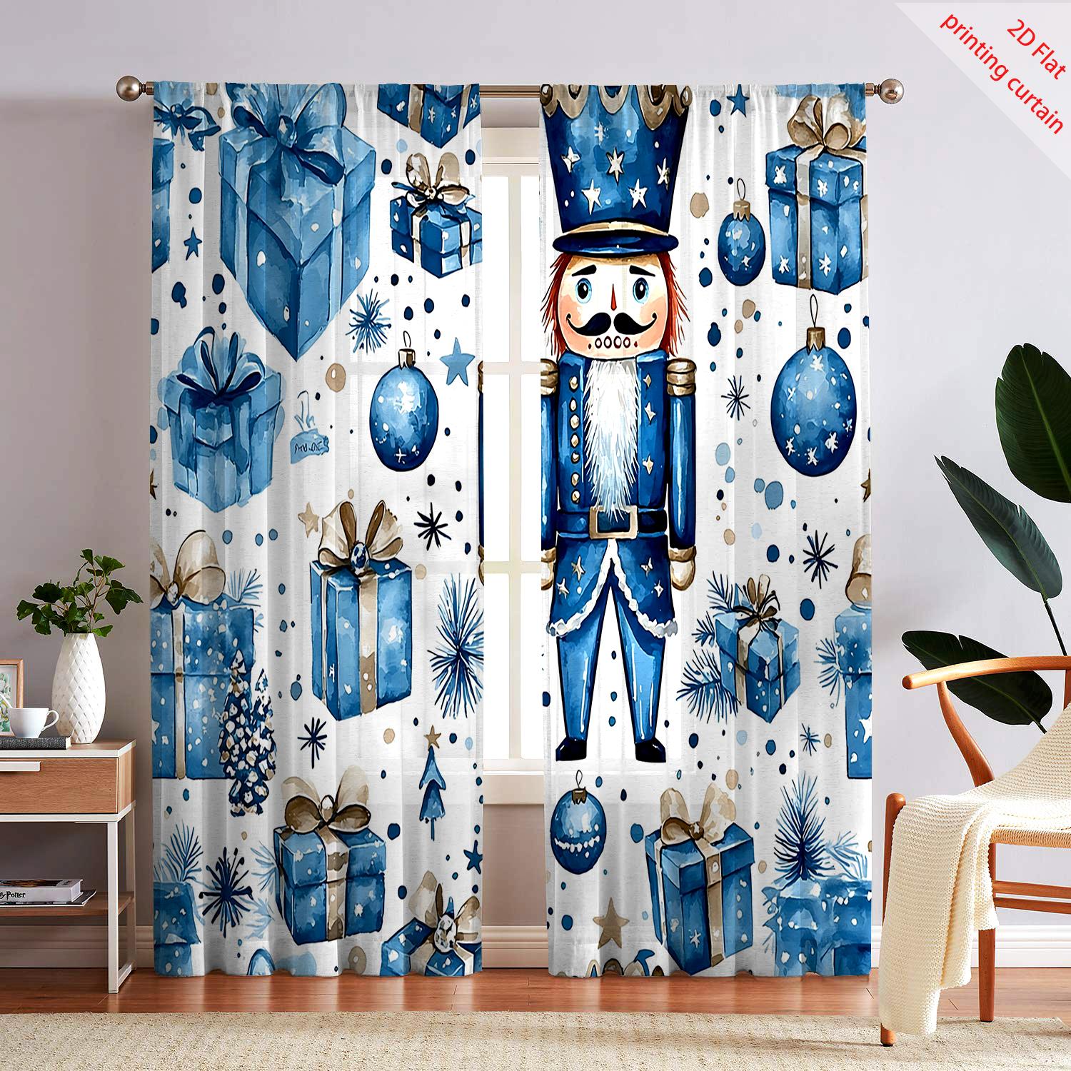 

2 Christmas Blue Gifts Nutcracker Digital Printed Window Screens Home Decor Style Decoration Living Room Window Screens 132x160cm