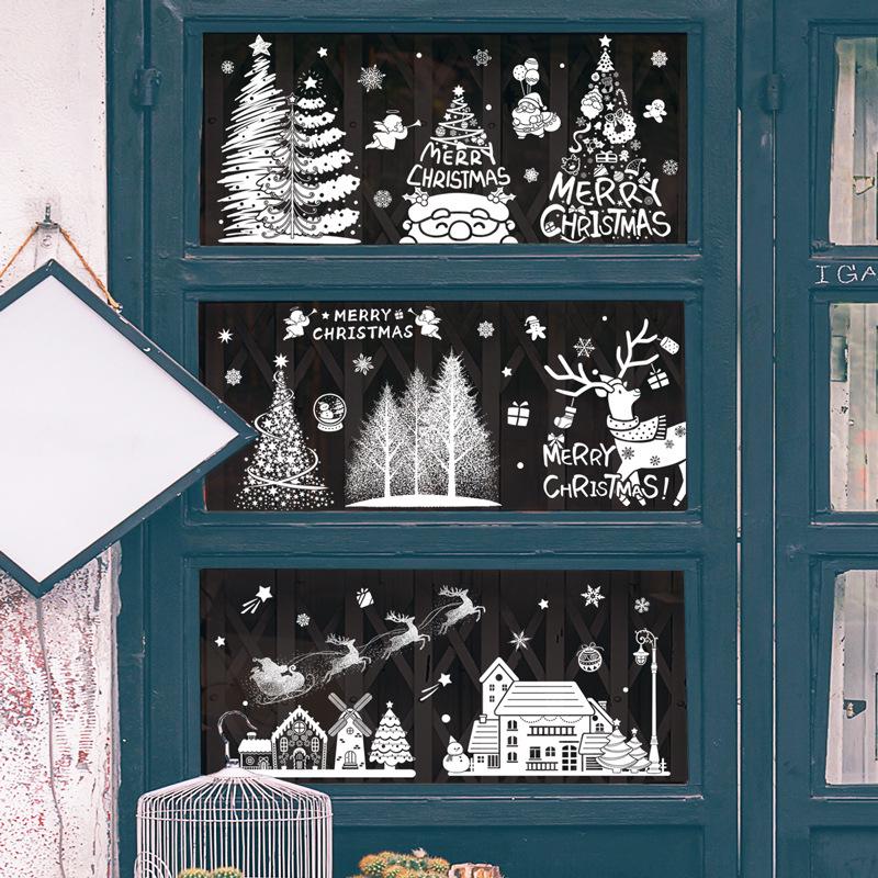 Christmas Tree & Reindeer White Window Clings - Festive Static Decals for Shopping Malls