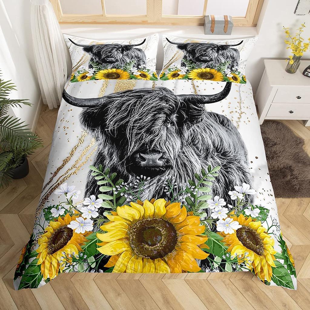 Highland Cattle Floral Cow Yellow Sunflower Animal Bedding Set Boys Girls Twin Queen Size Duvet Cover Pillowcase Bed Kids Adult