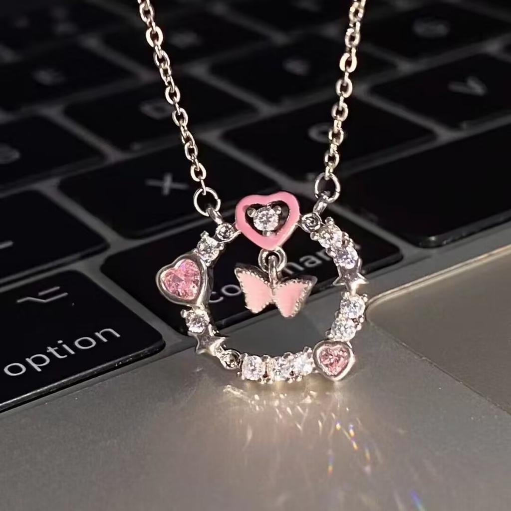 Pink Girl Butterfly Necklace Female Niche Design Sense ins Hip Hop Clavicle Chain Premium Design Sense Necklace