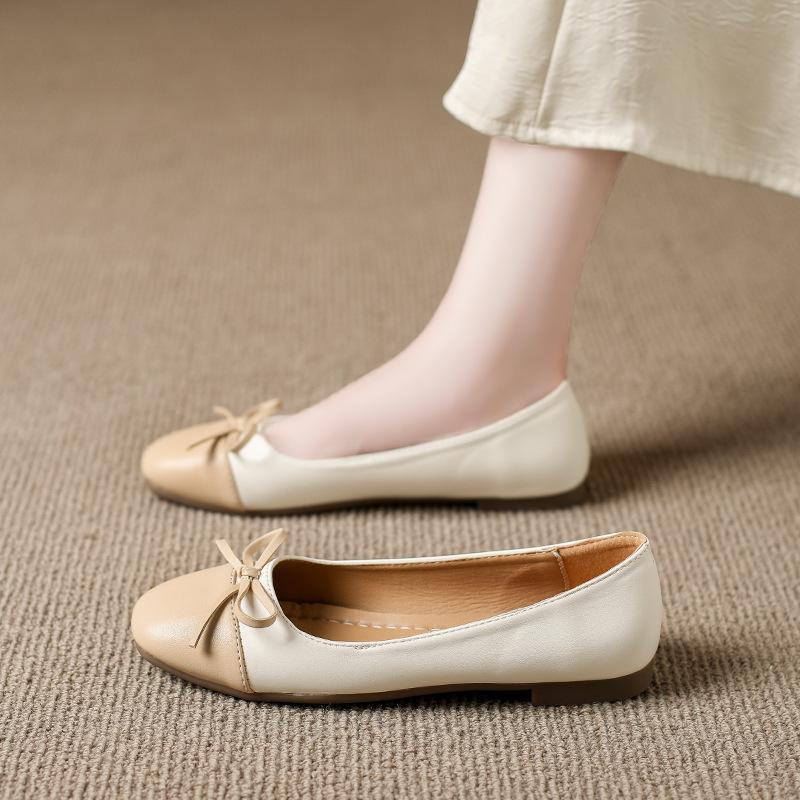 Bow Single Shoes Women's Spring and Autumn New Large Size Round Head Shallow Mouth One Pedal Casual Shoes