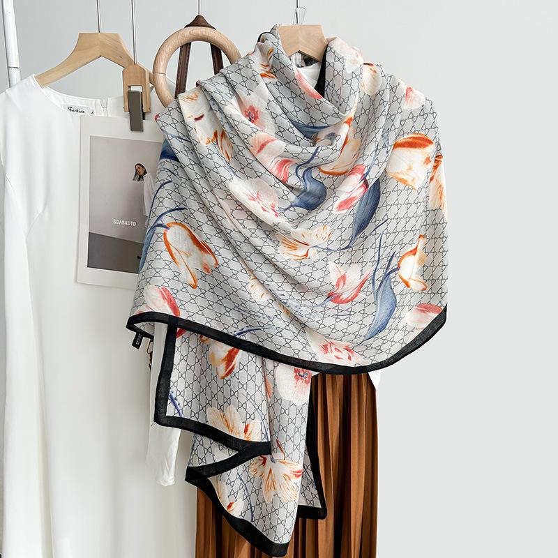 New printed silk scarf thin yarn scarf cotton and linen feel scarf women's autumn and winter high-end long warm shawl