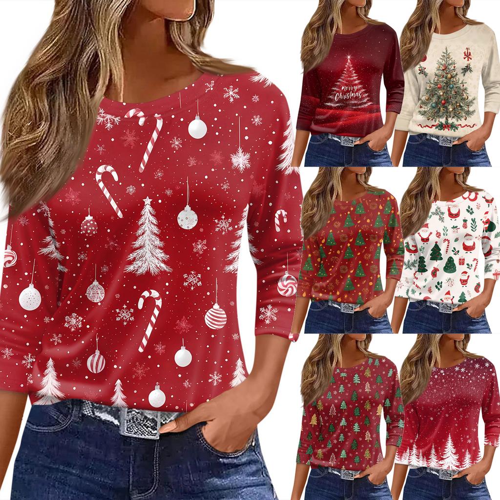 Women's T Shirt Christmas Print 3/4 Sleeve Daily Weekend Fashion Basic Round Neck Regular Top