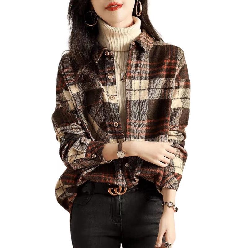 Women's Autumn 2025 Plaid Wool Mid-Length Loose Shirt