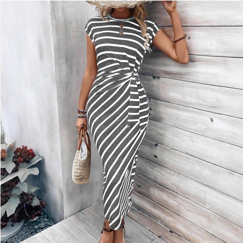 European and American women's clothing Amazon temu waist strap short-sleeved crew neck long dress