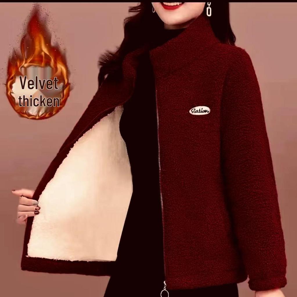 Autumn/Winter Fleece-Lined Outerwear for Middle-Aged Women: Warm, Thick, Loose Cotton Top