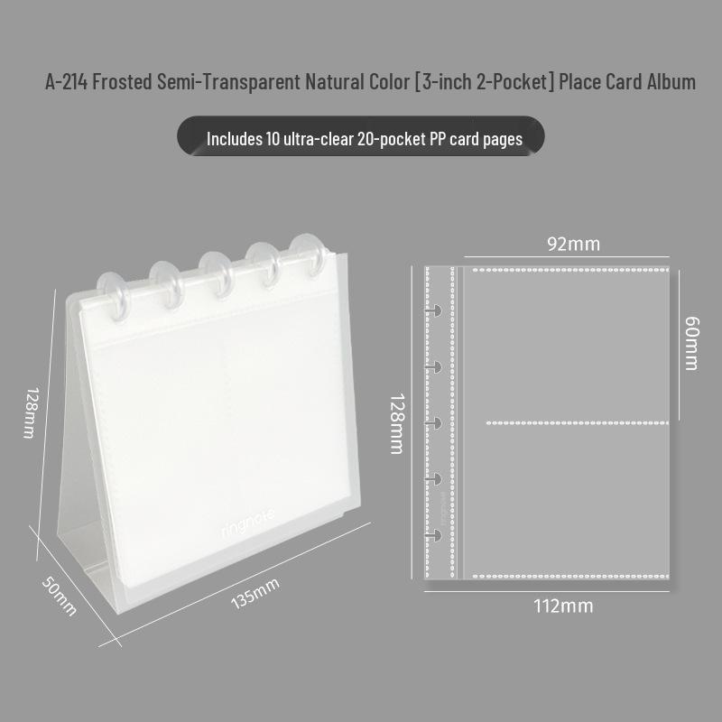 RINGNOTE Compact 3" Transparent 2-Pocket Card Album with Mushroom Hole for Desktop Display