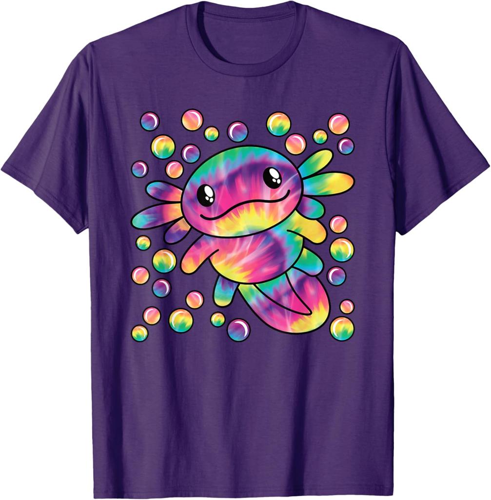 Tie Dye Axolotl Kawaii Salamander Graphic Tee Breathable Short Sleeve T-Shirt Casual for Women Men