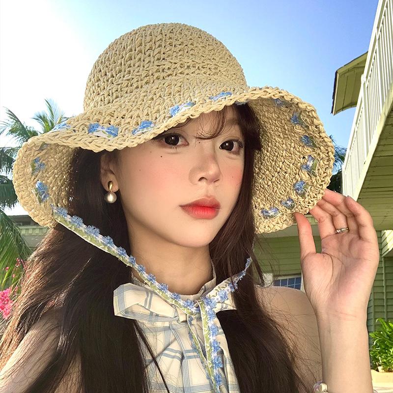 Women'S Floral Tied Woven Straw Hat Large Brim Sun Protection Beach Vacation Style Fisherman'S Cap Summer Accessory