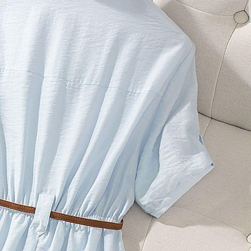 2026 Summer Korean Style Mid-Length Waist-Cinched Short Sleeve Shirt Dress for Women