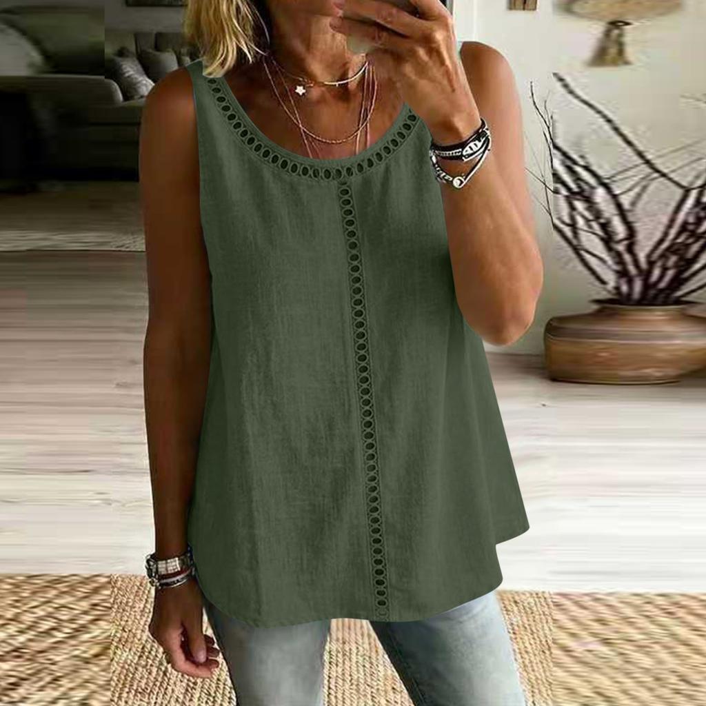 Women Sleeveless Hollow Out Tank Top Loose Fit Casual Solid Color Blouse Summer Lightweight Breathable Tunic Shirt