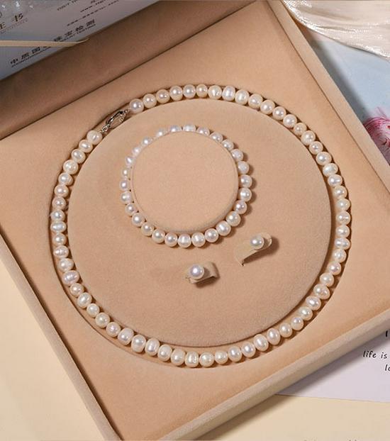 Zhuji Süßwasserperlen-Halskettenset für Damen - Echte Perlen Schlüsselbeinkette - Muttertagsgeschenk