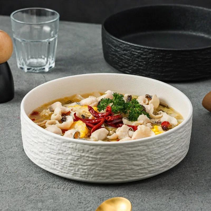 10inch Frosted Matte Finish Soup Bowl Black White Ceramics Stone Pattern Home Hotels Restaurant Big Bowl Porcelain Tableware