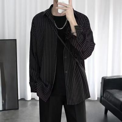 Men's Long Sleeve Casual Striped Shirt Youth Comfortable  Loose Lapel Top